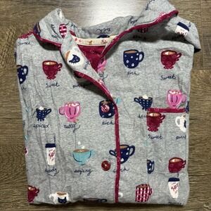 Munki Munki Cats And Coffee Long Sleeve Button Front Pajama Top Size M Grey
